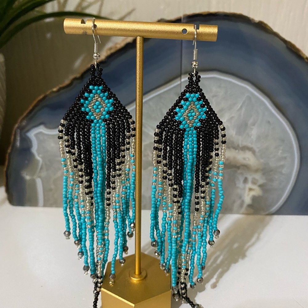Turquoise and Black Beaded Earrings